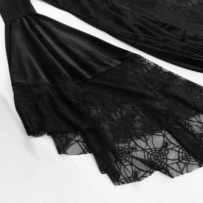 Velvet Square Neck Bell Sleeve Spiderweb Lace Panel Maxi Gown