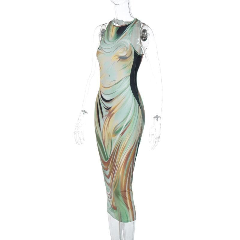 Crewneck Abstract Swirl Body Contour Print Maxi Dress