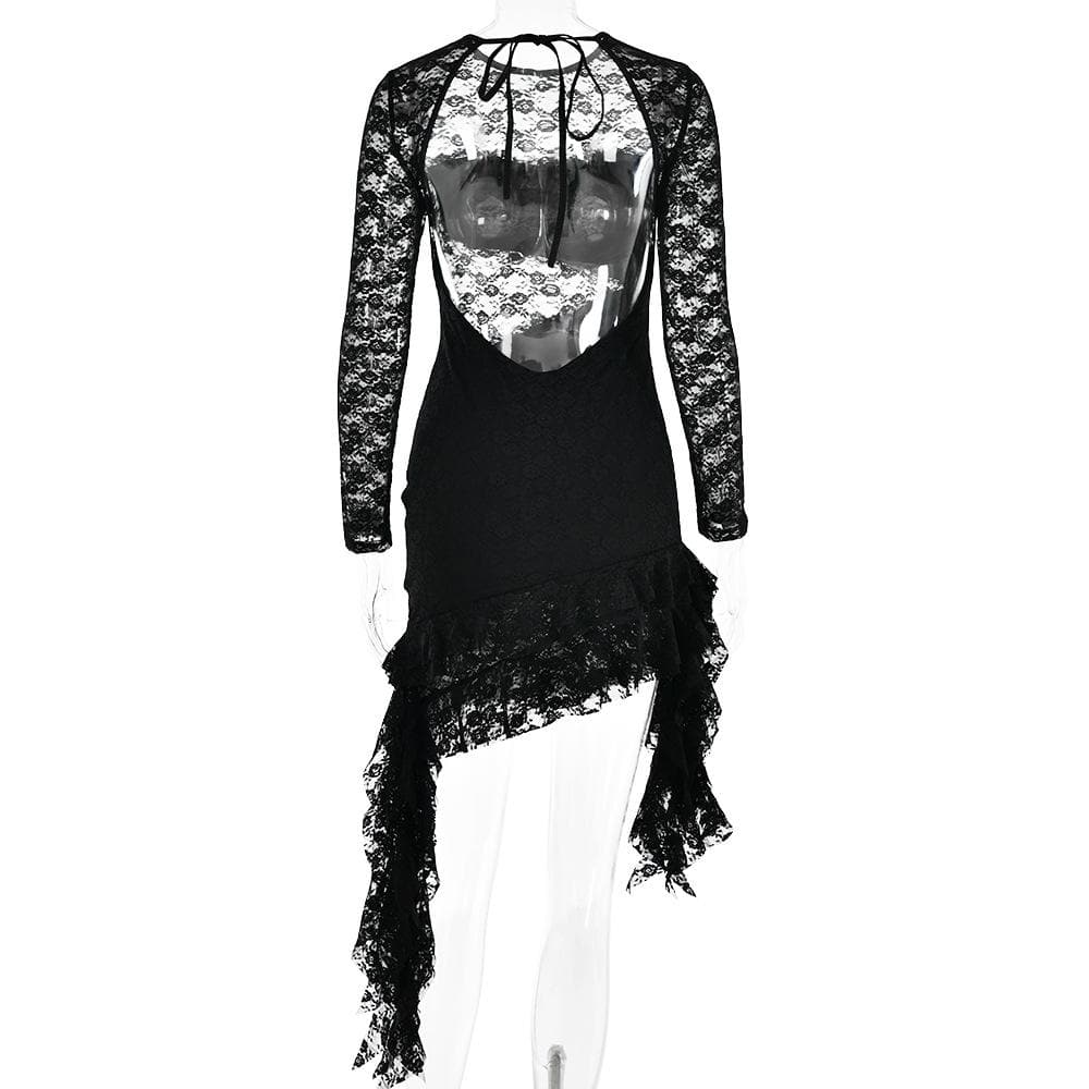 Lace Sweetheart Cutout Long Sleeve Asymmetric Ruffle Hem Mini Dress