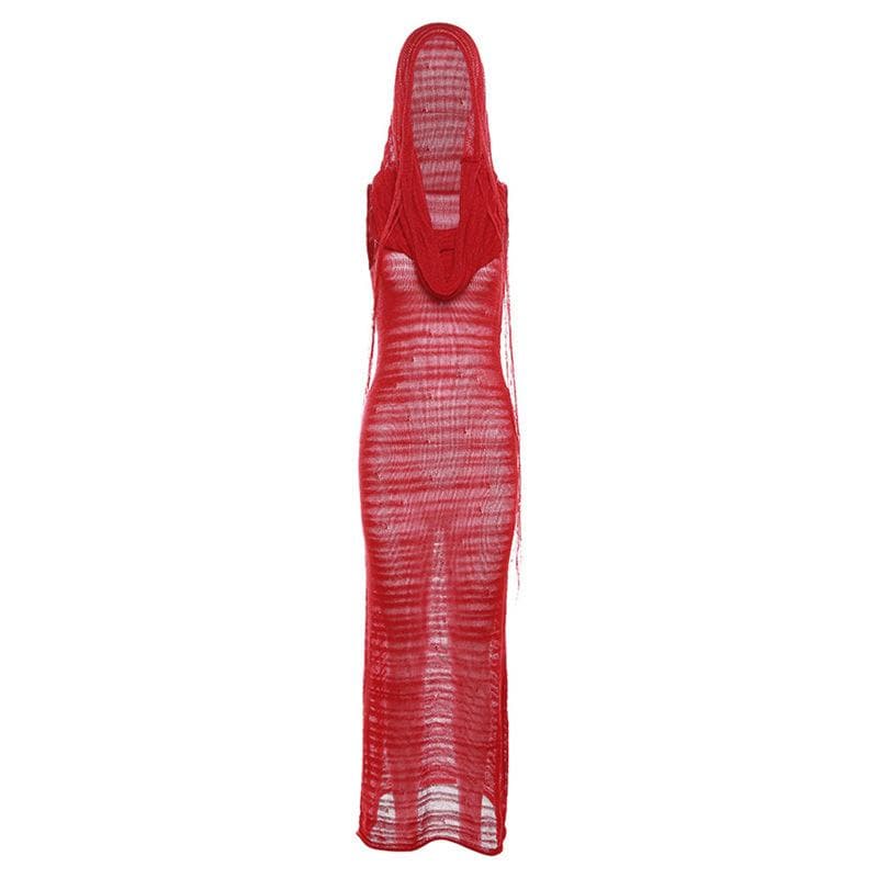 Hooded Sheer Mesh Ribbed Knit Scarf Neck Sleeveless Maxi Dress