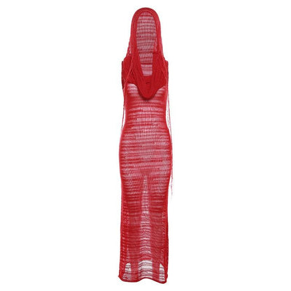 Hooded Sheer Mesh Ribbed Knit Scarf Neck Sleeveless Maxi Dress
