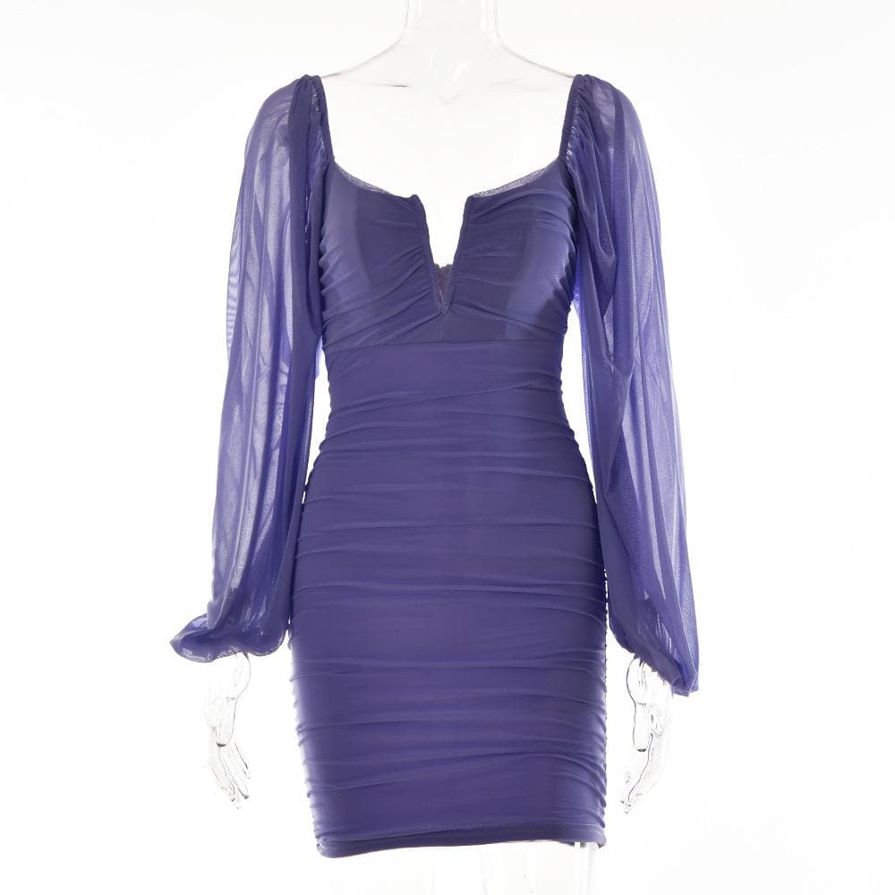 Strapless V-Notch Off Shoulder Puff Sleeve Ruched Mesh Mini Dress
