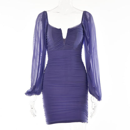 Strapless V-Notch Off Shoulder Puff Sleeve Ruched Mesh Mini Dress