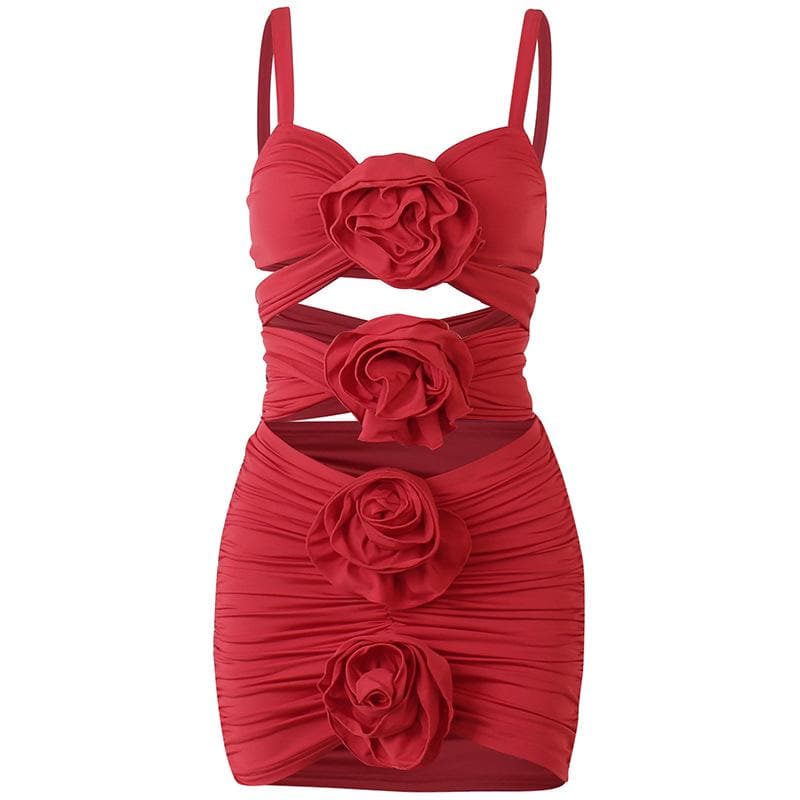 Rosette Applique Spaghetti Strap Cutout Wrap Front Ruched Mini Dress Set