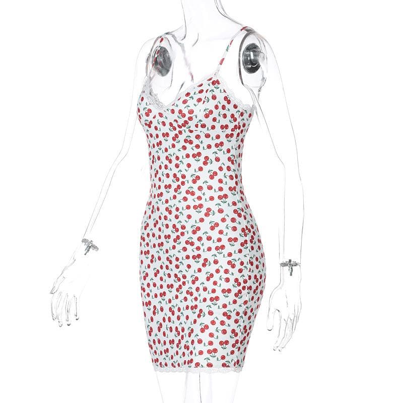 Sweetheart Lace Trim Print Spaghetti Strap Bodycon Mini Dress