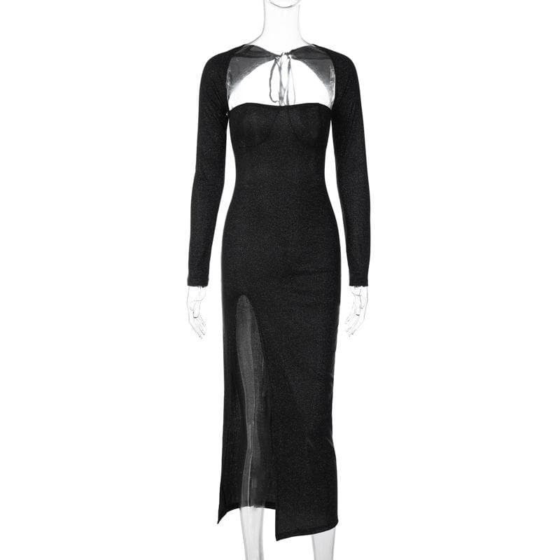 Cutout Neckline Glitter Long Sleeve High Slit Shrug Overlay Maxi Dress