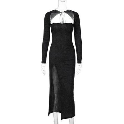 Cutout Neckline Glitter Long Sleeve High Slit Shrug Overlay Maxi Dress