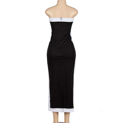 Strapless Contrast Stripe Panel Zip Back Tube Maxi Dress