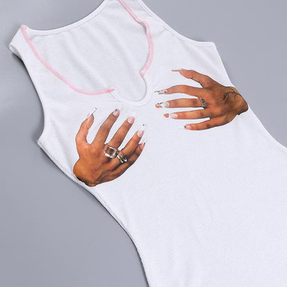 Deep U-Neck Rib Knit Hand Print Graphic Bodycon Mini Dress