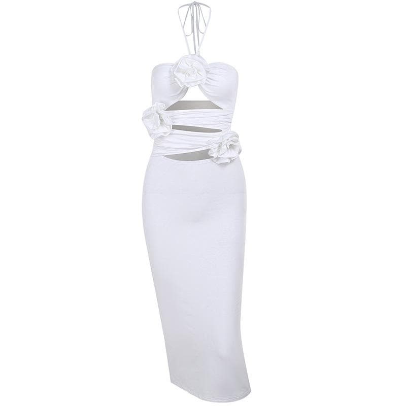 Halter 3D Floral Applique Diamond Cutout Side Ruching Flower Trim Maxi Dress
