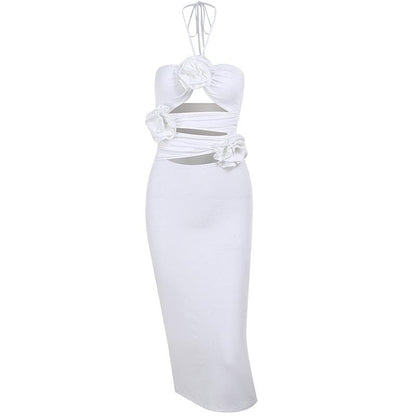 Halter 3D Floral Applique Diamond Cutout Side Ruching Flower Trim Maxi Dress