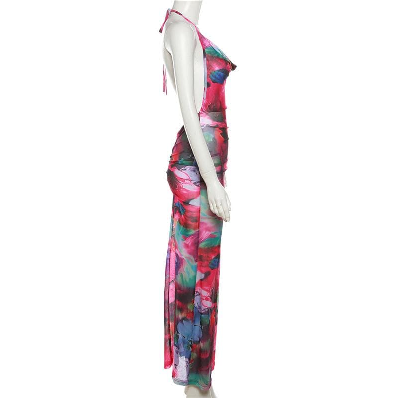 Abstract Floral Print Halter Cowl Neck Bodycon Maxi Dress