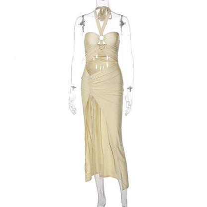 Halter Neck O Ring Cutout Ruched Drawstring High Slit Midi Dress