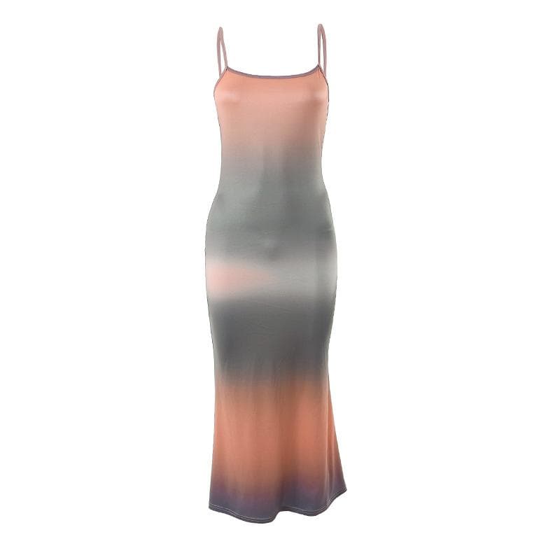 Spaghetti Strap Horizontal Gradient Ombré Bodycon Maxi Dress
