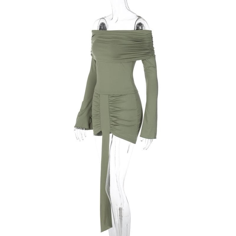 Off Shoulder Ribbon Trim Ruched Long Sleeve Mini Dress