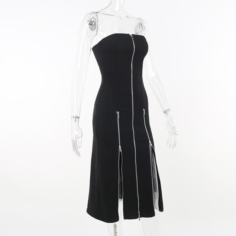 Zip Up Front Slit Strapless Tube Midi Dress