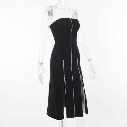 Zip Up Front Slit Strapless Tube Midi Dress