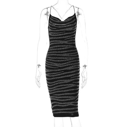 Zebra Print Cowl Neck Spaghetti Strap Bodycon Midi Dress