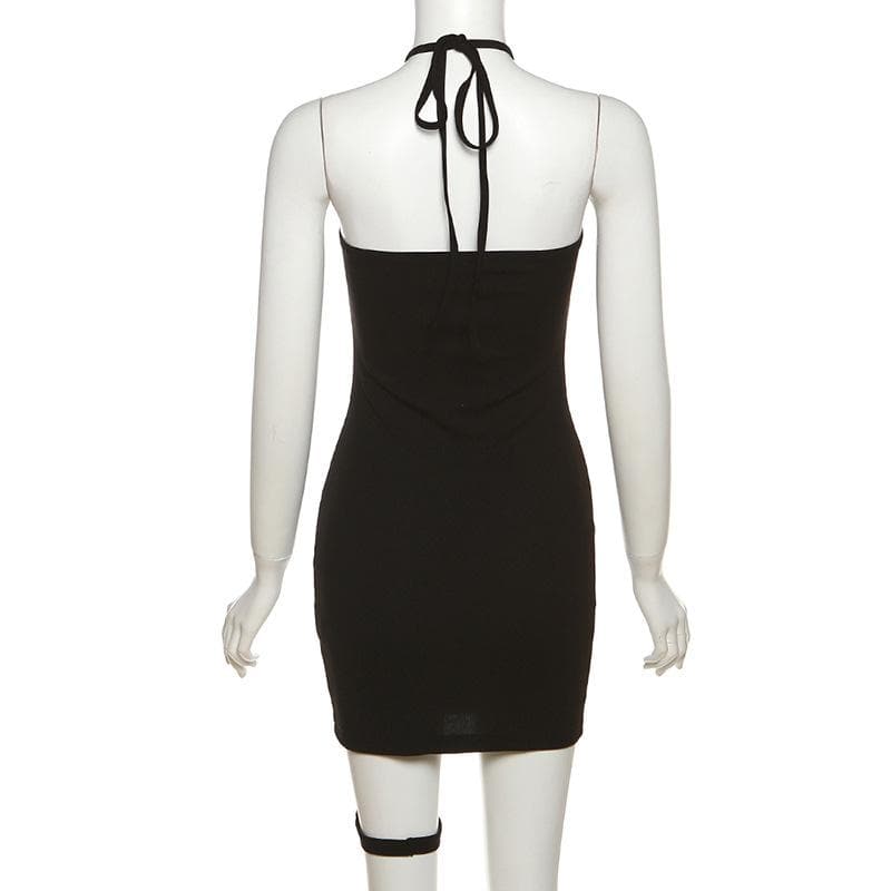 Halter Neck Rosette Applique Corset Mesh Panel Bodycon Mini Dress