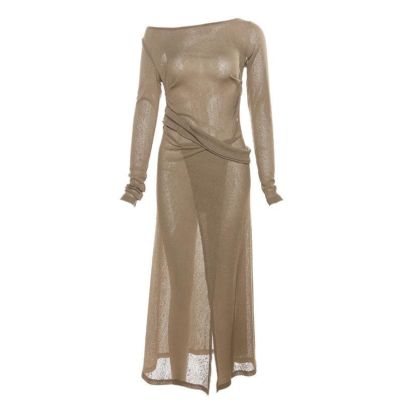 Boat Neck Ruched Waist Wrap High Slit Long Sleeve Bodycon Maxi Dress