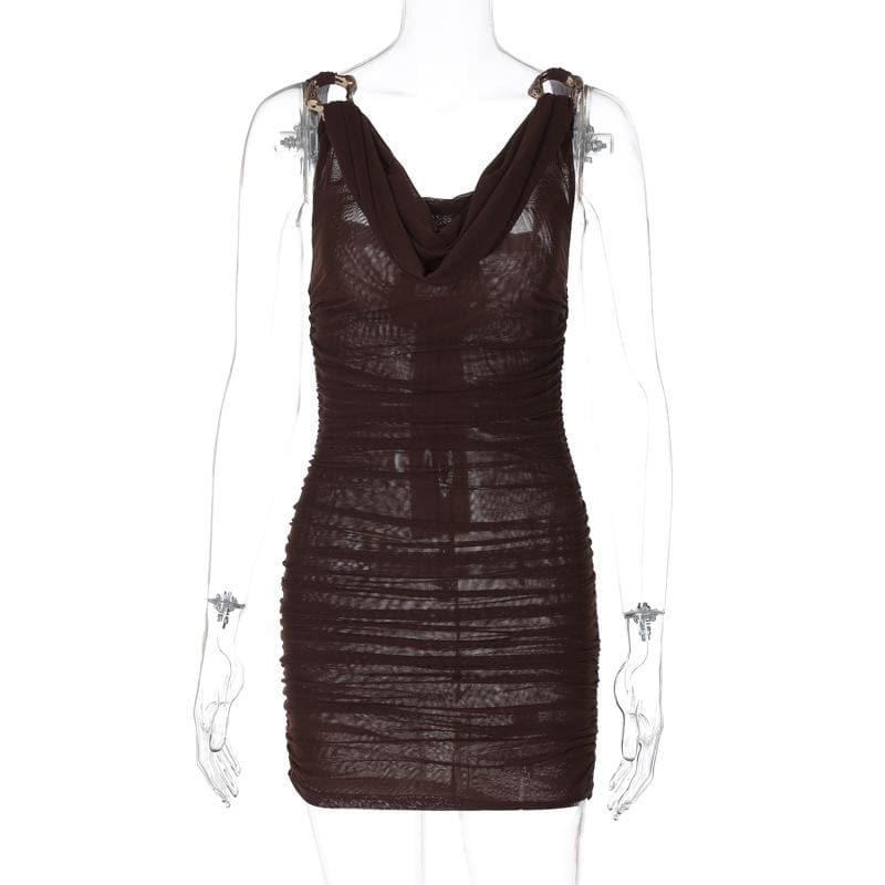 Cowl Neck O-Ring Hardware Strap Ruched Mesh Bodycon Mini Dress