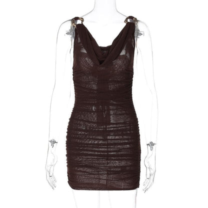 Cowl Neck O-Ring Hardware Strap Ruched Mesh Bodycon Mini Dress