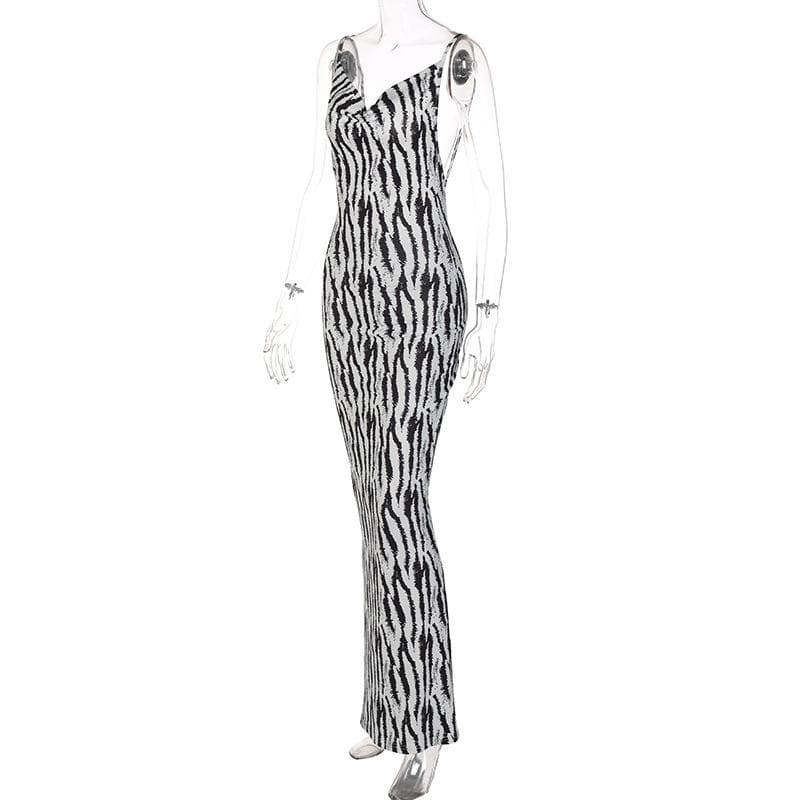 Zebra Print Cowl Neck Spaghetti Strap Backless Slit Bodycon Midi Dress