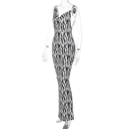 Zebra Print Cowl Neck Spaghetti Strap Backless Slit Bodycon Midi Dress