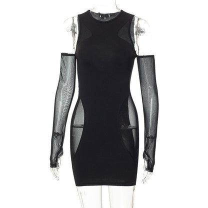 Crew Neck Mesh Panel Cutout Detached Glove Sleeve Mini Dress