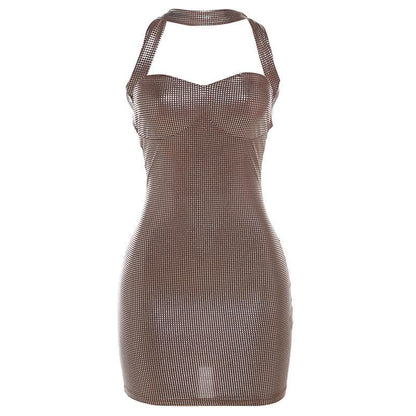 Halter Sweetheart Neck Grid Mesh Bodycon Mini Dress