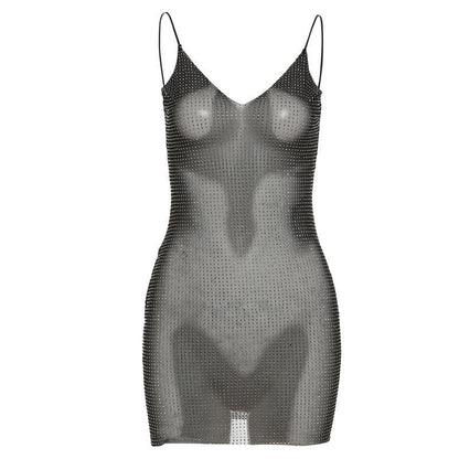 Rhinestone Mesh Deep V Spaghetti Strap Mini Dress