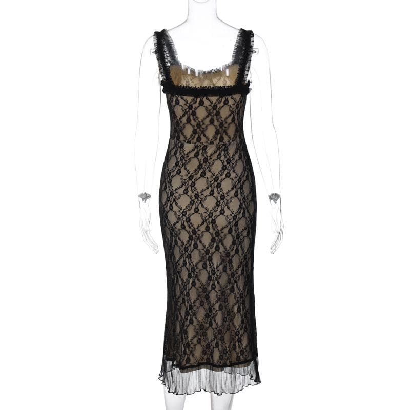 Square Neck Lace Overlay Ruffle Hem Sleeveless Midi Dress