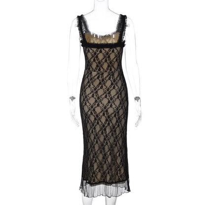 Square Neck Lace Overlay Ruffle Hem Sleeveless Midi Dress