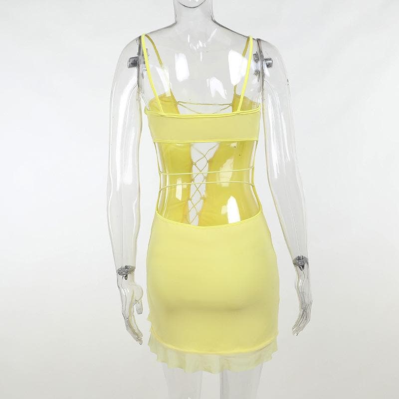 Halter Lace Up Ruffle Trim Asymmetric Hem Mini Dress