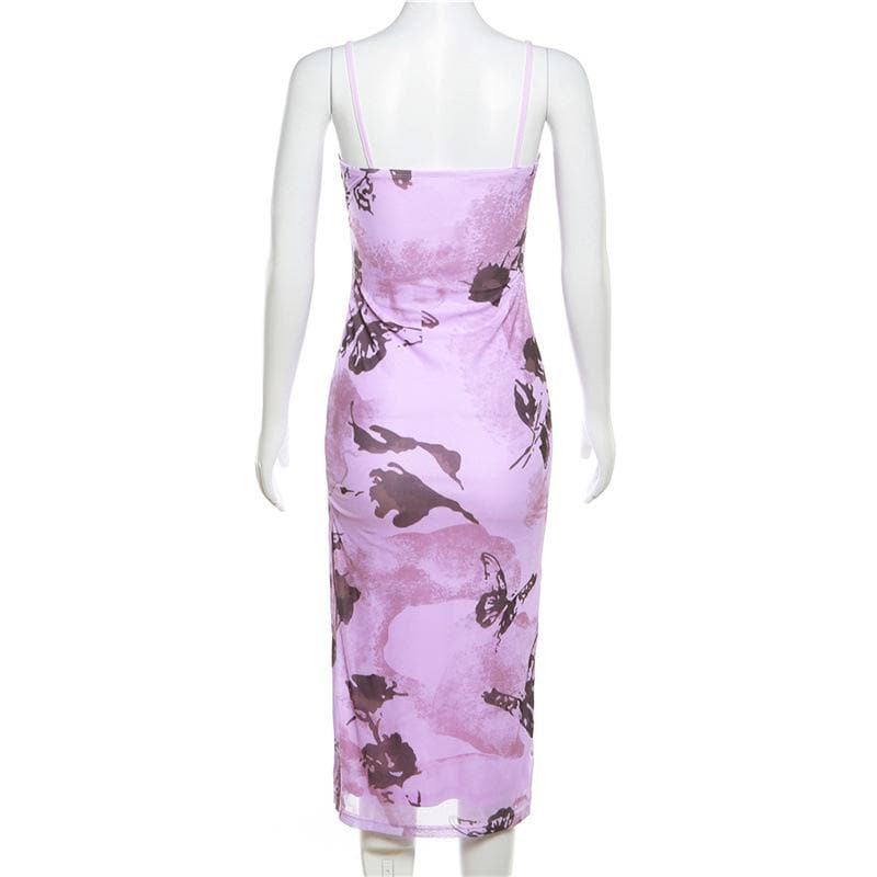 Spaghetti Strap Butterfly Print High Slit Bodycon Midi Dress