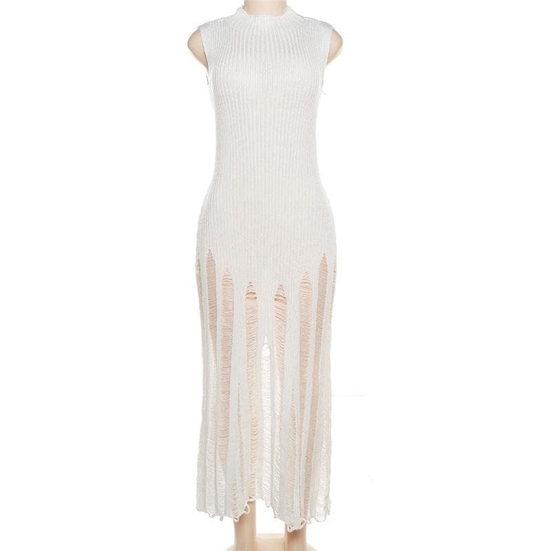 Sleeveless Mock Neck Ribbed Knit Distressed Ladder Hem Maxi Dress