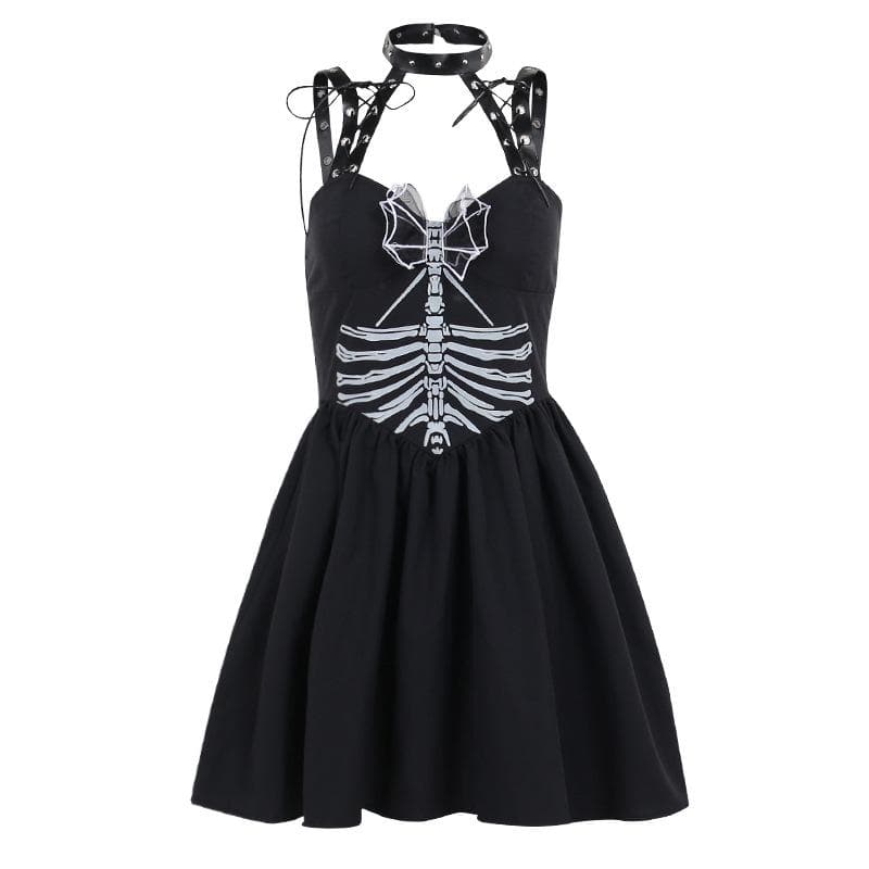 Skeleton Print Studded Choker Halter Grommet Strap Skater Mini Dress