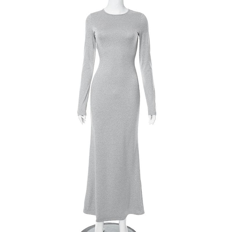 Crew Neck Long Sleeve Heather Knit Bodycon Maxi Dress