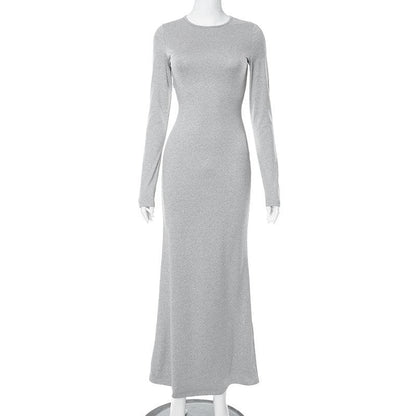 Crew Neck Long Sleeve Heather Knit Bodycon Maxi Dress