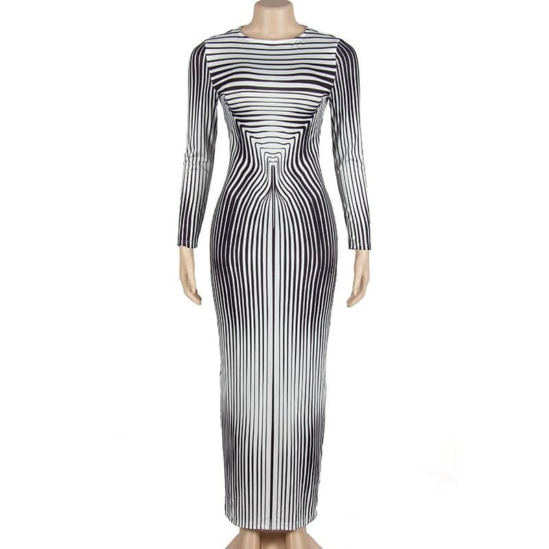 Crew Neck Optical Illusion Curved Stripe Long Sleeve Bodycon Maxi Dress
