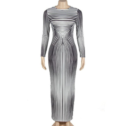 Crew Neck Optical Illusion Curved Stripe Long Sleeve Bodycon Maxi Dress