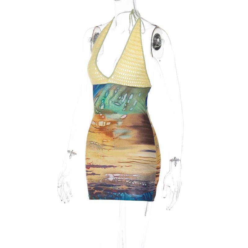 Crochet Halter Plunging Neck Abstract Landscape Print Mini Dress