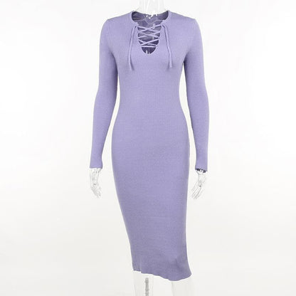 Round Neck Long Sleeve Ribbed Lace Up Chest Cutout Midi Dress