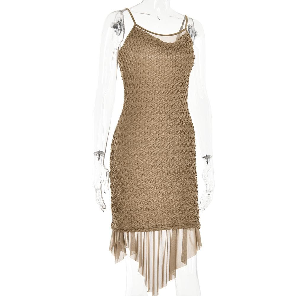 Spaghetti Strap Cowl Neck Popcorn Knit Layered Hem Bodycon Midi Dress