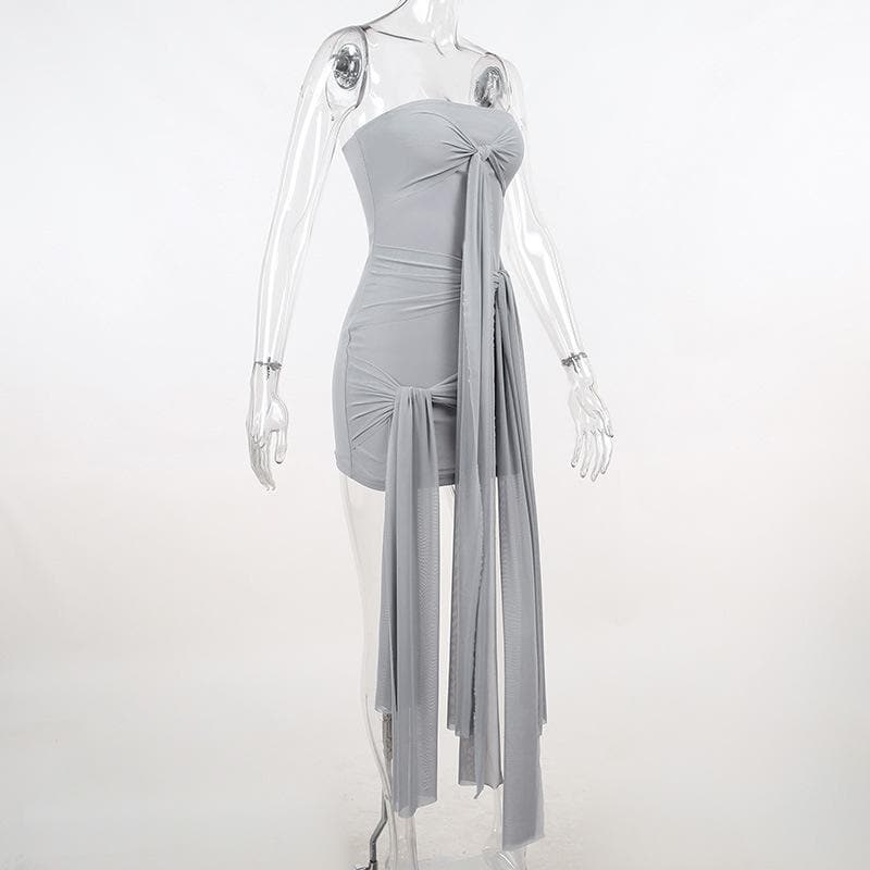 Strapless Ruched Self Tie Streamer Overlay Tube Mini Dress