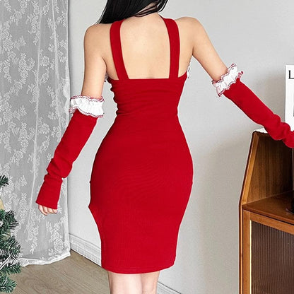 Ruffle Trim Tube Halter Glove Sleeve Irregular Slit Mini Dress