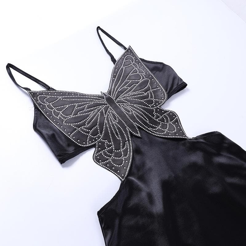 Rhinestone Butterfly Motif Spaghetti Strap Waist Cutout Satin Maxi Dress