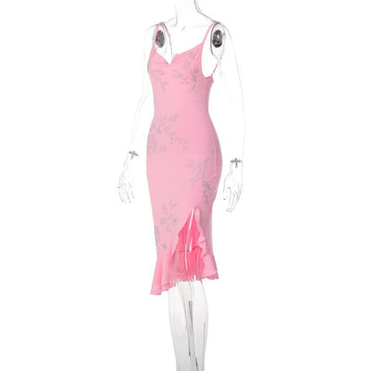 Cowl Neck Spaghetti Strap Rhinestone Butterfly Side Slit Midi Dress