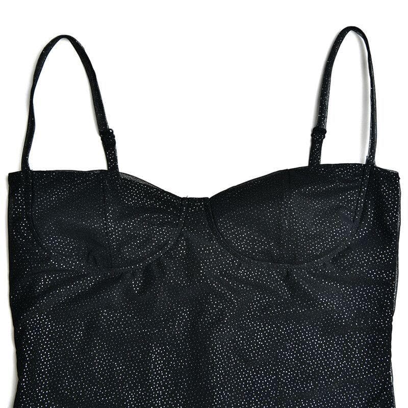 Sweetheart Neck Spaghetti Strap Glitter Side Slit Mesh Glove Mini Dress