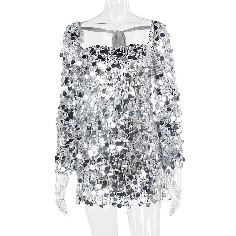 Large Sequin Paillette Square Neck Long Sleeve Mini Dress